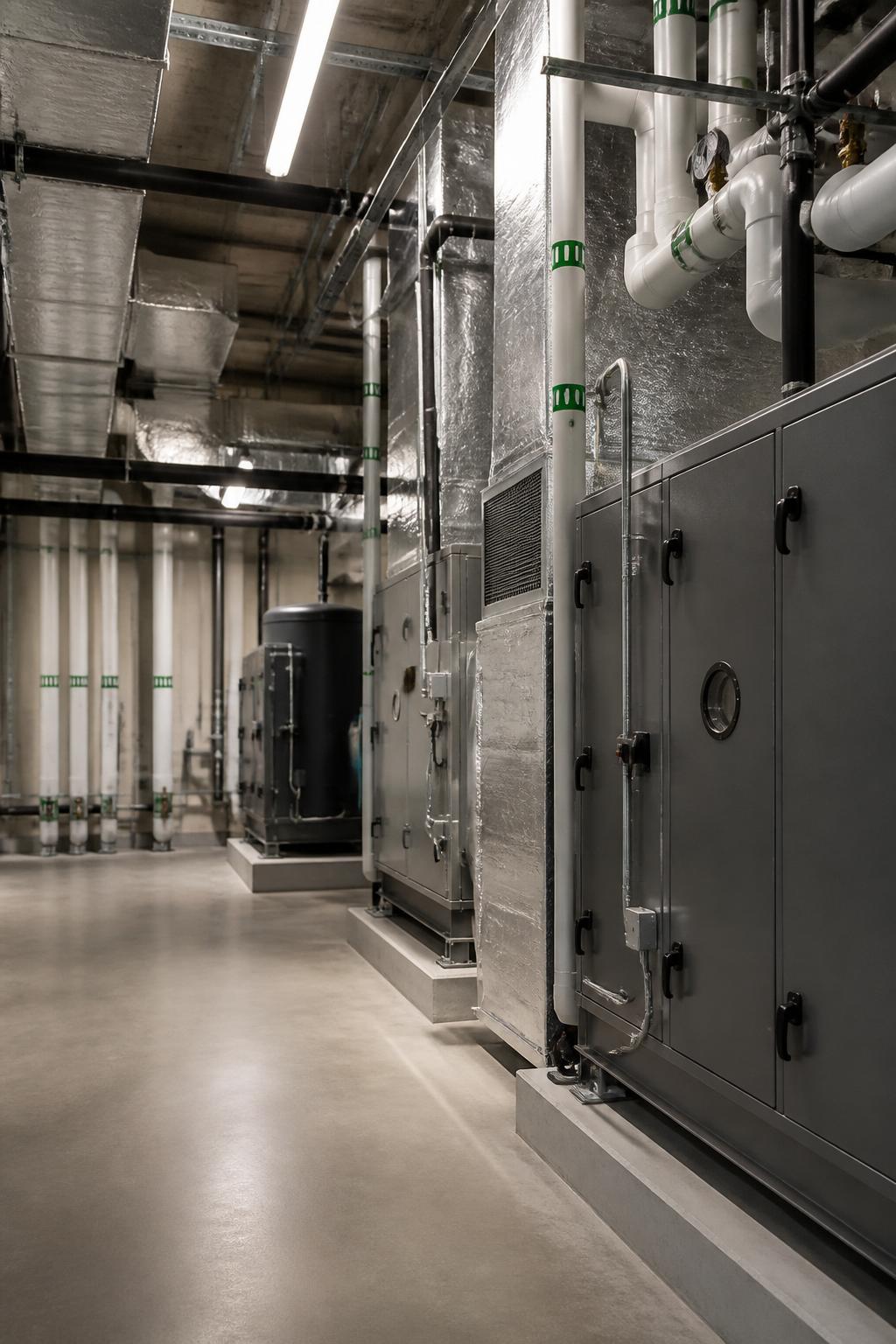 Inviting mechanical room with clean installed HVAC equipment and organized systems.