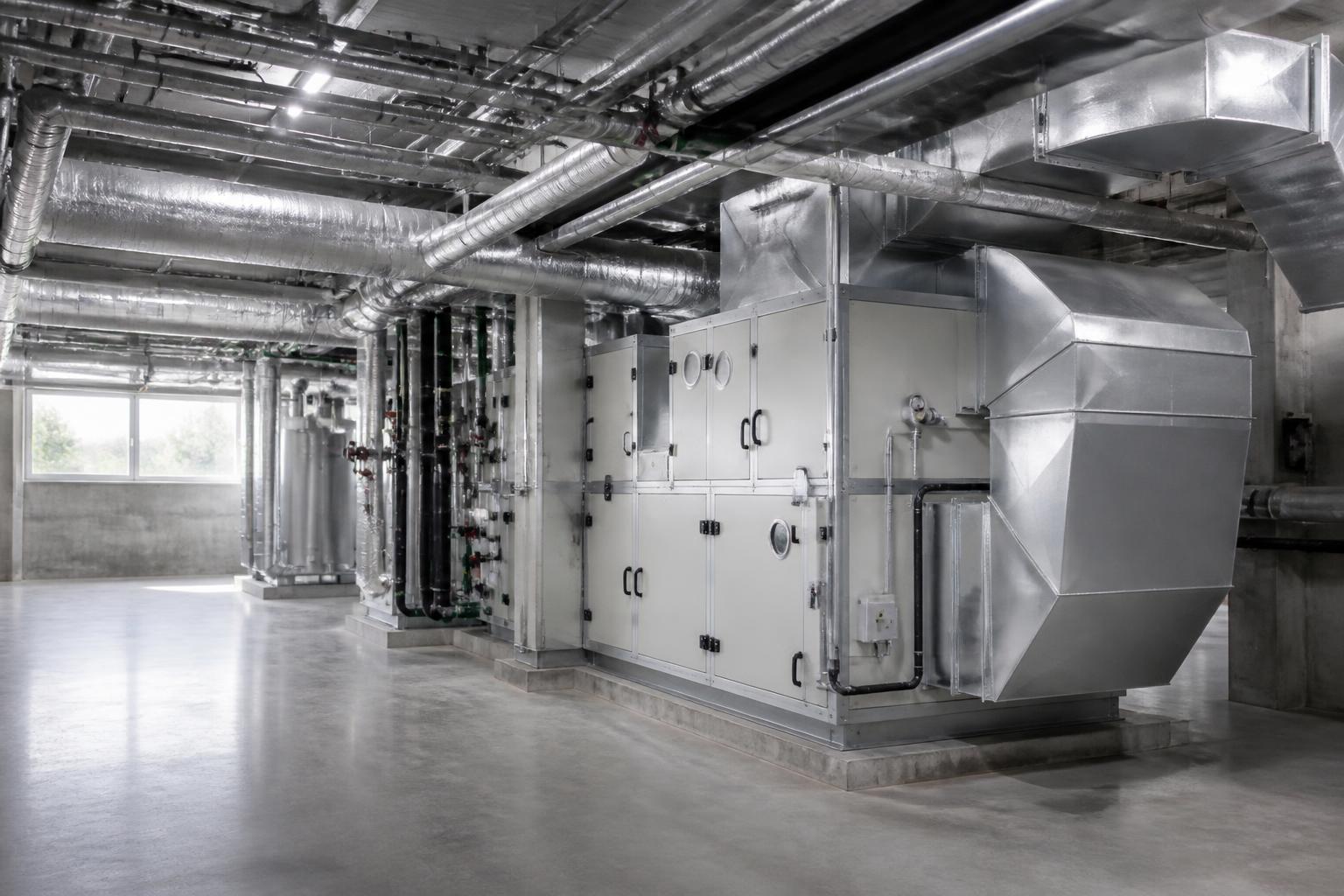 Modern commercial mechanical room with polished HVAC equipment and clean ductwork.