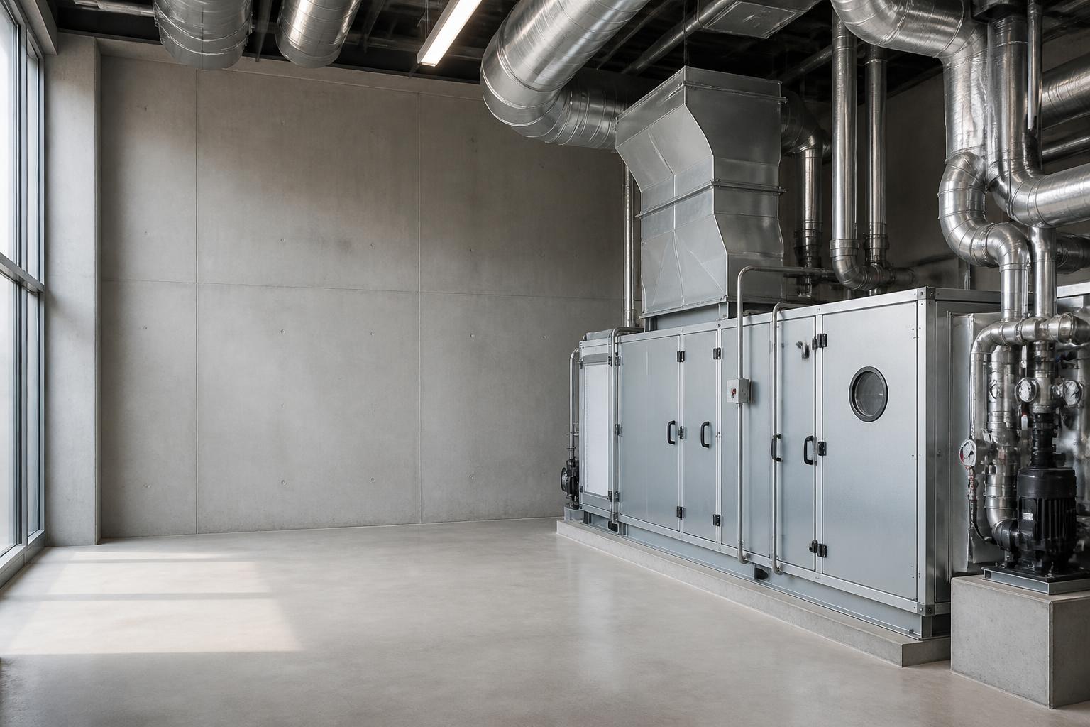 Commercial mechanical room with open space and polished HVAC units.